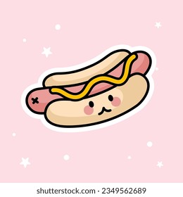 Cute Kawaii Hotdog is isolated on a pink background. Vector - Illustration.