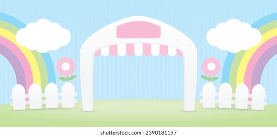 cute kawaii house shape archway with awning and sign on green floor with fence and rainbow scene 3d illustration vector