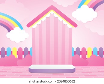 cute kawaii house shape backdrop display with colorful fence and sweet rainbow cloud element 3d illustration vector scene for putting your object