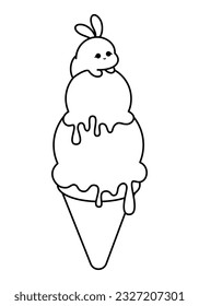 Cute Kawaii Ice Cream with Bunny.  Vector Line Art. Charming vector line art illustration of a kawaii style ice cream with an adorable bunny, featuring black lines on a white background.