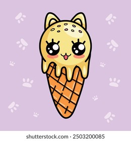 Cute kawaii ice cream with cat ears.Vector illustration in kawaii style