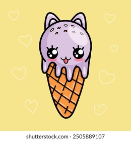 Cute Kawaii ice cream with cat ears and cute face. Cartoon vector illustration