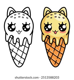 Cute Kawaii ice cream with cat ears. Children's vector coloring book	