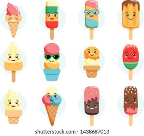 Cute kawaii ice cream characters, collection isolated on white background, different flavours. Vector illustration in flat style