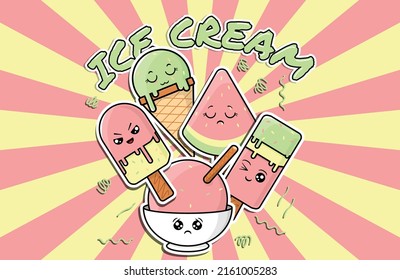 cute kawaii ice cream characters with many expression, background