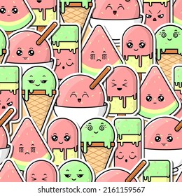 cute kawaii ice cream characters with many expressions seamless pattern, background vector