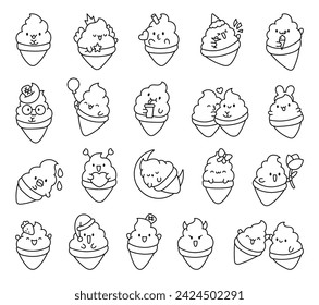 Cute kawaii ice cream characters. Coloring Page. Cartoon sweet smiling dessert. Hand drawn style. Vector drawing. Collection of design elements.