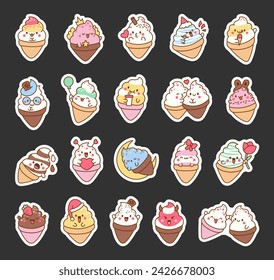 Lindos personajes de helado kawaii. Marcador de etiqueta. Caricatura dulce postre sonriente. Estilo dibujado a mano. Dibujo vectorial. Colección de elementos de diseño.