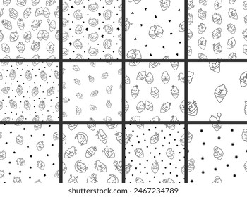 Cute kawaii ice cream characters. Seamless pattern. Coloring Page. Cartoon sweet smiling dessert. Hand drawn style. Vector drawing. Collection of design ornaments.