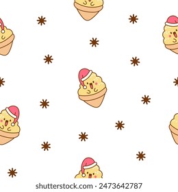 Cute kawaii ice cream characters. Seamless pattern. Cartoon sweet smiling dessert. Hand drawn style. Vector drawing. Design ornaments.