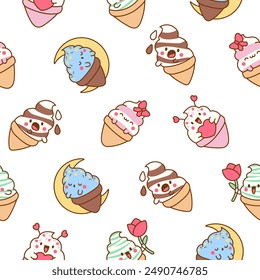 Cute kawaii ice cream characters. Seamless pattern. Cartoon sweet smiling dessert. Hand drawn style. Vector drawing. Design ornaments.