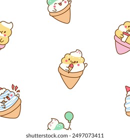 Cute kawaii ice cream characters. Seamless pattern. Cartoon sweet smiling dessert. Hand drawn style. Vector drawing. Design ornaments.