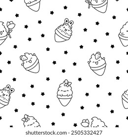 Cute kawaii ice cream characters. Seamless pattern. Coloring Page. Cartoon sweet smiling dessert. Hand drawn style. Vector drawing. Design ornaments.