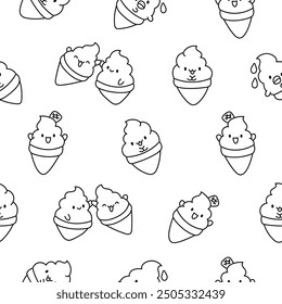 Cute kawaii ice cream characters. Seamless pattern. Coloring Page. Cartoon sweet smiling dessert. Hand drawn style. Vector drawing. Design ornaments.