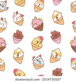Cute kawaii ice cream characters. Seamless pattern. Cartoon sweet smiling dessert. Hand drawn style. Vector drawing. Design ornaments.
