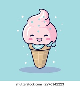 Cute kawaii ice cream chibi mascot vector cartoon style