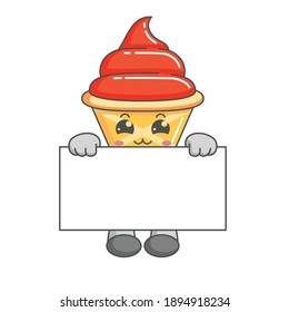Cute kawaii ice cream cone characters standing behind a board