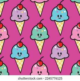 cute Kawaii ice cream cone seamless pattern vector