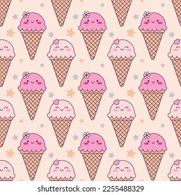 Cute kawaii ice cream cone seamless pattern. Cartoon hand drawn character with stars on a beige background for kids textile, children room, baby shower, nursery decoration.