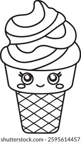 Cute Kawaii Ice Cream Cone Coloring Page – Fun And Easy Printable Outline for Kids And Adults – Adorable Dessert Illustration for Digital or Hand Coloring