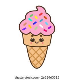 Cute kawaii ice cream cone with pink sprinkles vector Illustration