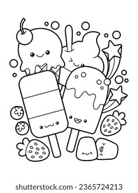 Cute And Kawaii Ice Cream And Dessert Coloring Page