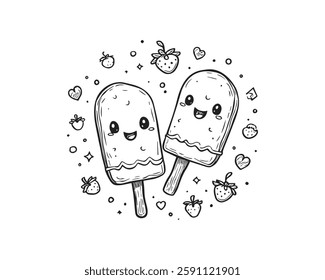 Cute Kawaii Ice Cream Popsicles – Hand-Drawn Black and White Illustration