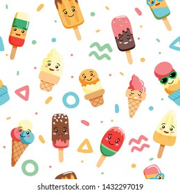 Cute kawaii ice cream seamless pattern with geometric forms, different characters. Vector illustration in flat style