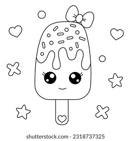 Cute Kawaii Ice Cream. Sweet Ice-Cream Coloring Page. Vector Illustration In Black And White. Cartoon Popsicle