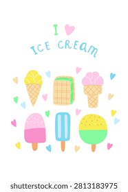 Cute kawaii ice cream vector illustration set with colorful cartoon popsicles and waffle cones. Summer sweets collection with 