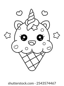 Cute kawaii icecream coloring page illustration