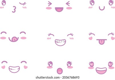 Cute Kawaii ilustró caras vectoriales con diferentes expresiones.