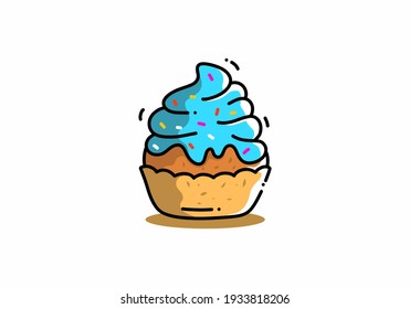Cute kawaii illustration of blue cupcake design