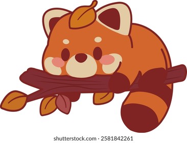 Cute Kawaii illustration of a funny cartoon red panda lying on a branch. Unique design, children's mascot.