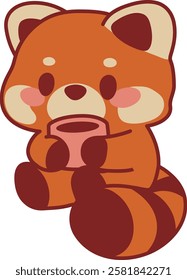 Cute Kawaii illustration of funny cartoon red panda with cup.	Unique design, children's mascot.