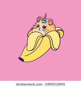 Die scharfe kawaii-Illustration von Hamster sieht wie Einhorn in Banane aus. Beliebte, druckfertige Aufkleber. Haustier in Banane.