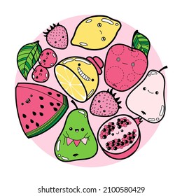 Cute kawaii illustration with hand-drawn fruits and berries isolated on white background. Vector set with healthy summer food, colorful design template for banners and posters.