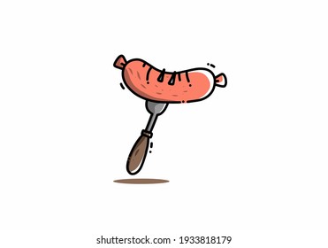 Cute kawaii illustration of sausage on fork design