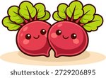 Cute kawaii illustration of smiling beets in cartoon style. This friendly vegetable character represents healthy eating, farm vegetables, and natural food products.