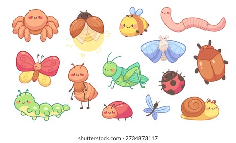 Cute kawaii insect set. Vector spring collection of bugs, garden animals, cozy characters. Cheerful spring doodles