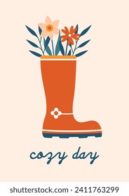 Cute kawaii isolated illustration with boots and blooming daffodil, flowers, plants, leaves. Cartoon hand drawn clip art with village footwear, text, phrase "cozy day". Cottagecore, slow farm life.