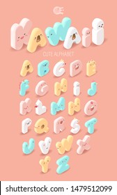 Cute And Kawaii Isometric Alphabet On A Pink Background For Children's Party. Font With Faces And Mouths