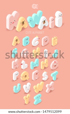 Cute and kawaii isometric alphabet on a pink background for children's party. Font with faces and mouths