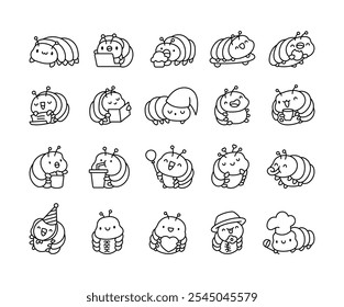 Cute kawaii isopod cartoon characters in different playful and funny poses for joyful animal themed designs and adorable illustrations with sweet expressions