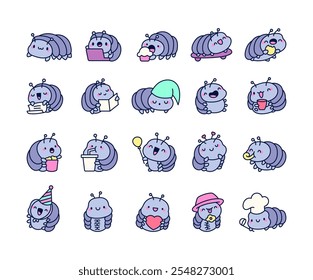 Cute kawaii isopod cartoon characters in different playful and funny poses for joyful animal themed designs and adorable illustrations with sweet expressions