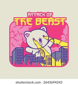 FOFO KAWAII JAPONÊS KAIJU GATO GIGANTE MONSTRO DESTRÓI CIDADE VETOR ILUSTRAÇÃO VESTUÁRIO CARTAZ RETRÔ CARTUM 