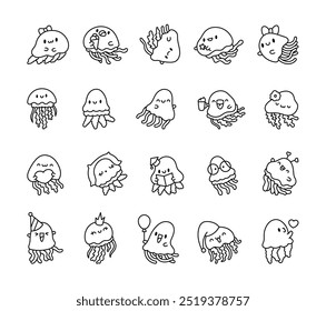 Cute kawaii jellyfish. Coloring Page. Funny cartoon characters of the underwater world. Hand drawn style. Vector drawing. Collection of design elements.