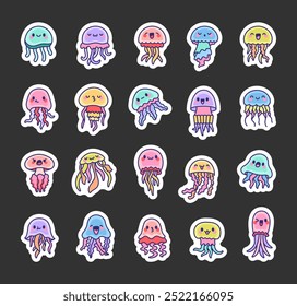 Cute kawaii jellyfish. Sticker Bookmark. Funny cartoon characters of the underwater world. Hand drawn style. Vector drawing. Collection of design elements.