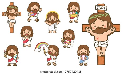 Cute Kawaii Jesus Christ Easter Characters Vector Illustration Bundle