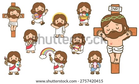 Cute Kawaii Jesus Christ Easter Characters Vector Illustration Bundle